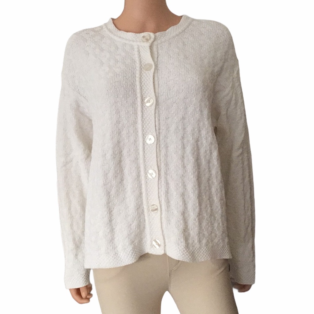 Talbots White Textured Knit Button Front Cardigan Sweater